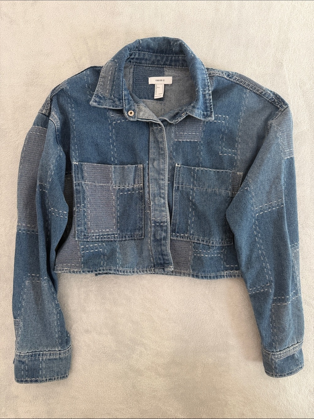 Patchwork Cropped Denim Jacket - Blue